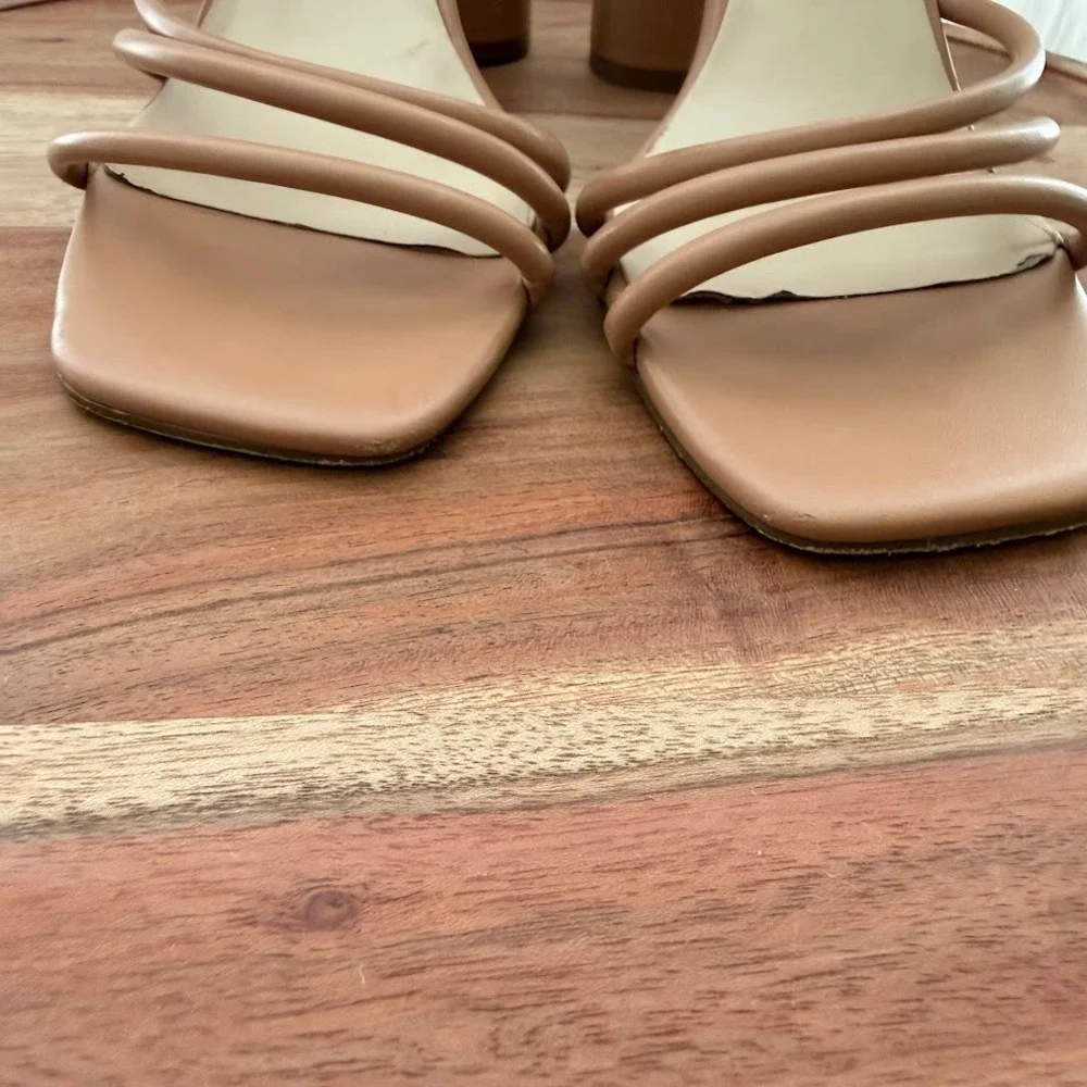 Nine West Tan Strappy Block Heel Square Toe Sandals Mules Womens 7.5M